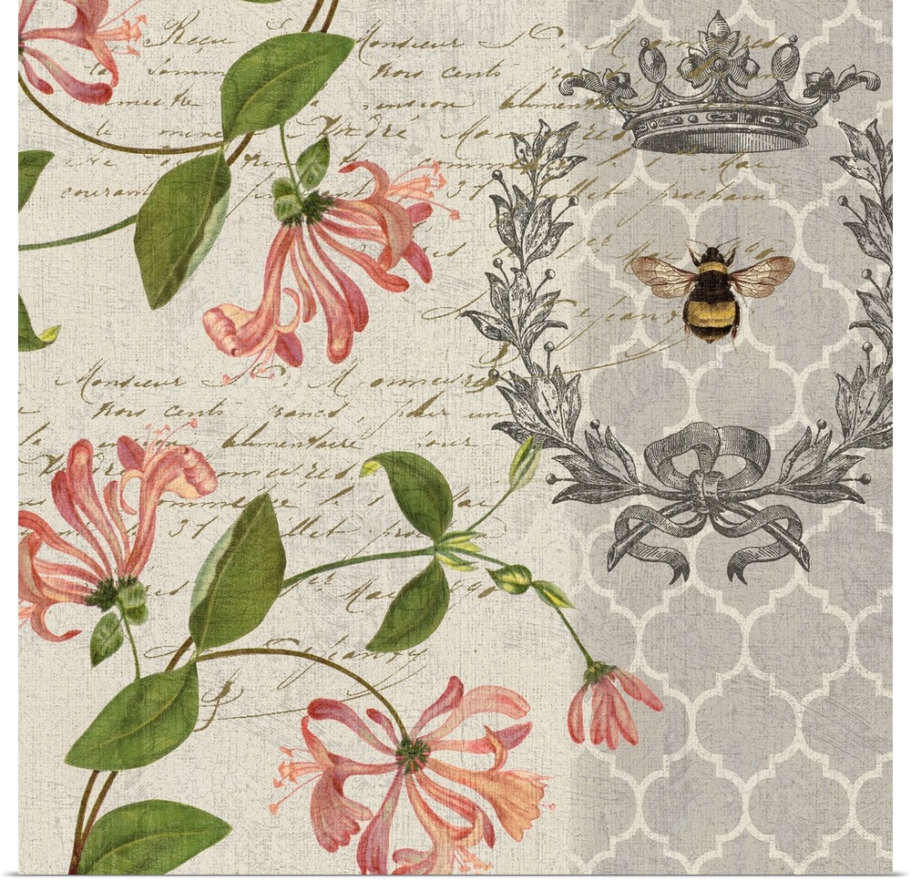 Exquisite floral with bee in on-trend color palette.