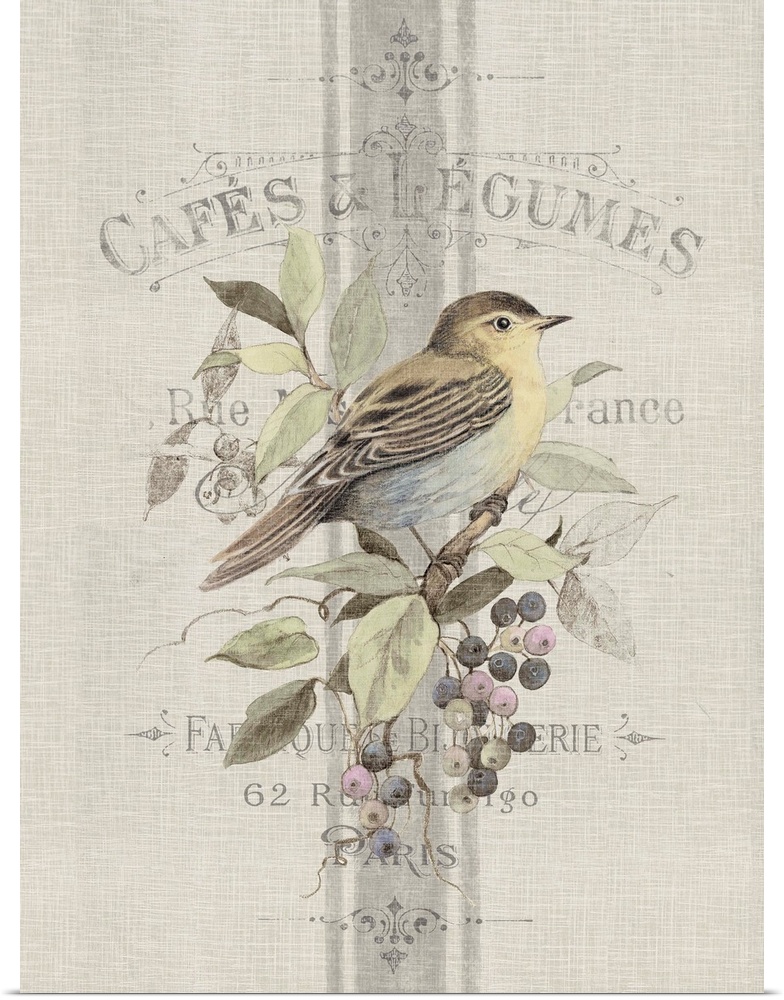 Elegant textile treatment of a botanical bird's classic decor
