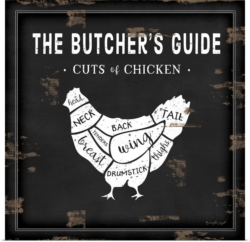 Rustic square chart showing cuts of chicken in black and white.