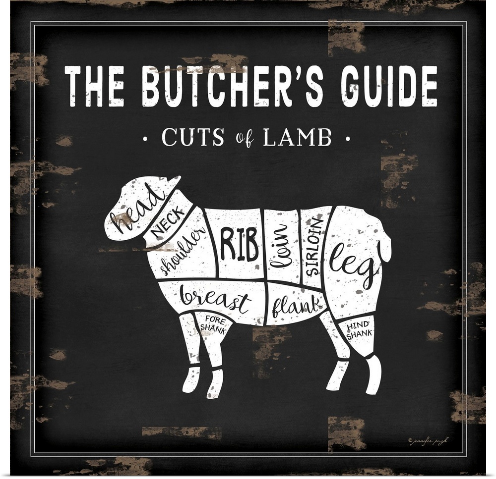 Rustic square chart showing cuts of lamb in black and white.