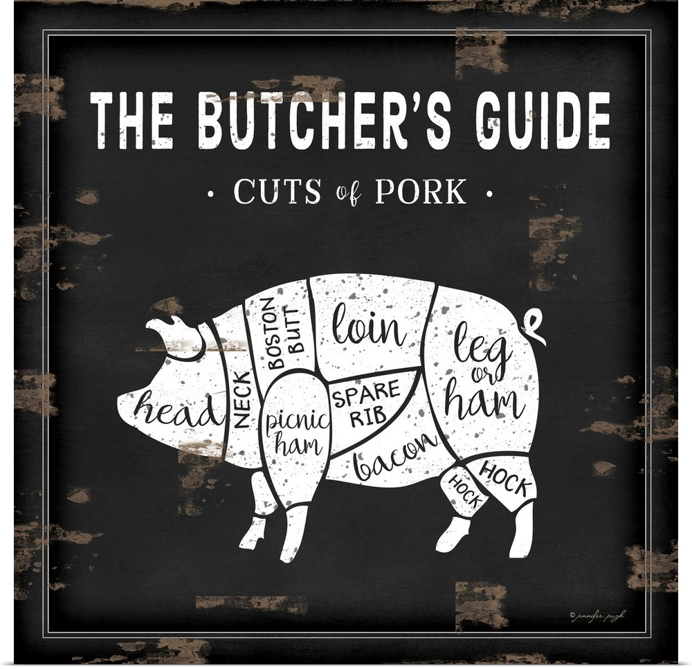 Rustic square chart showing cuts of pork in black and white.