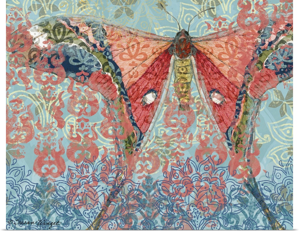 Blue And Pink Big Winged Butterfly on decorative ornate blue background.