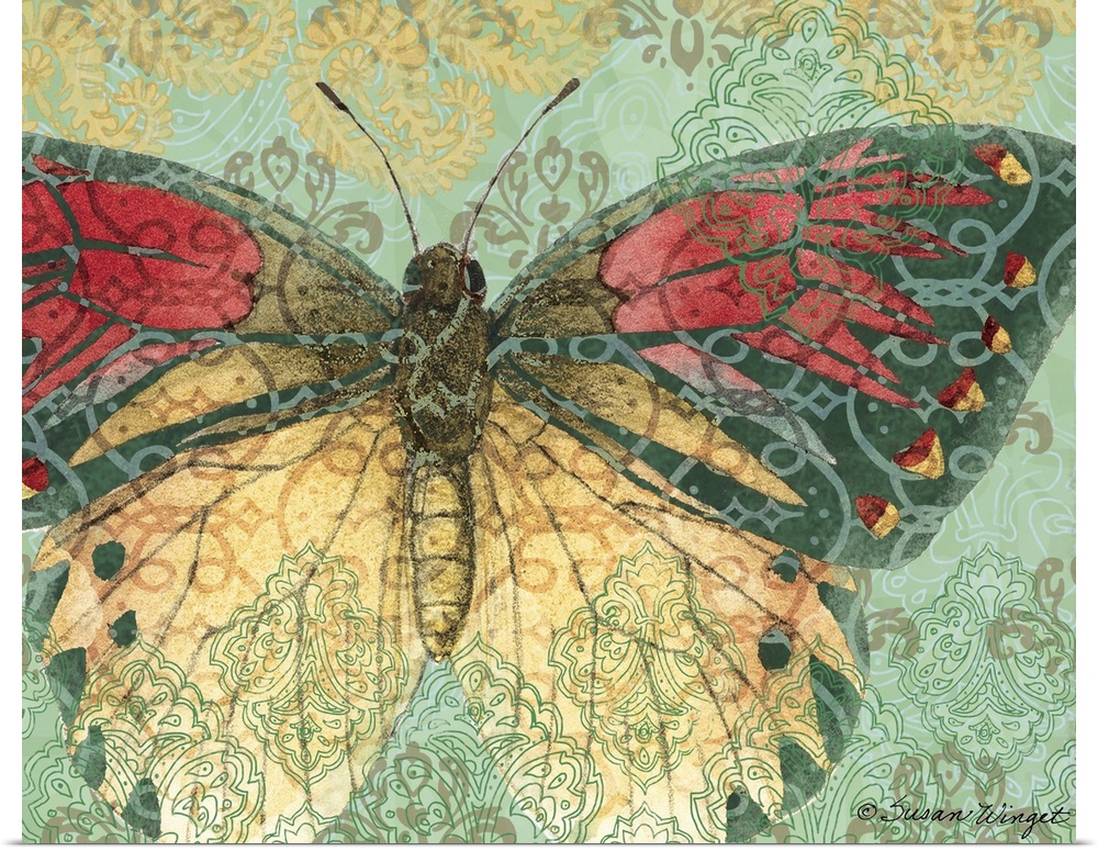 Butterfly With Decorative Wings On Ornate Background