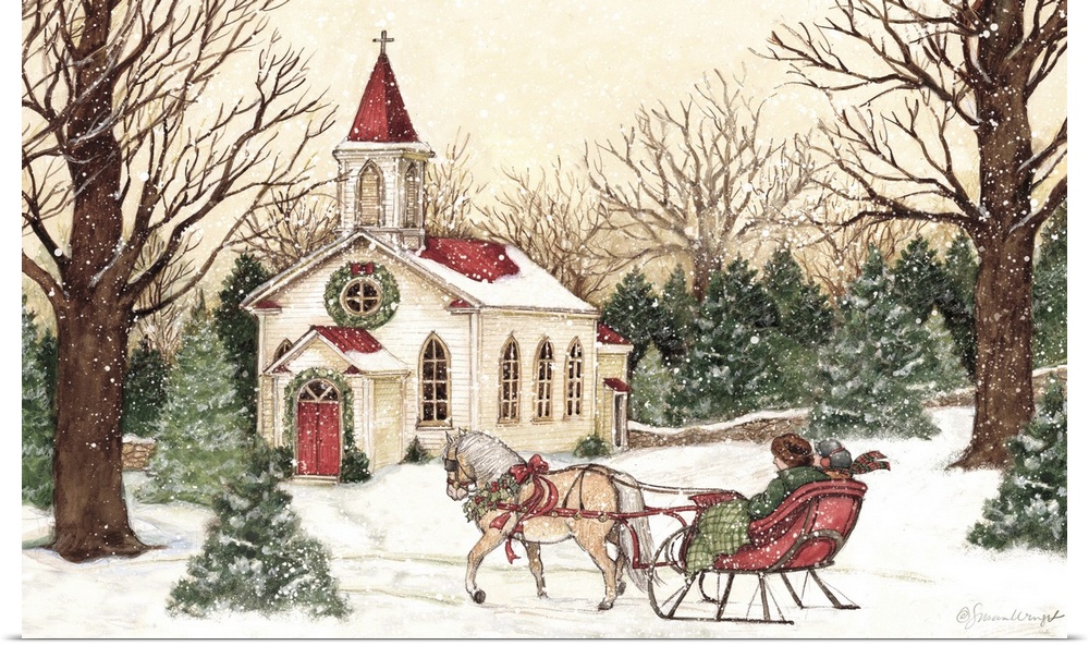 A vintage Christmas Church scene captures a time past.