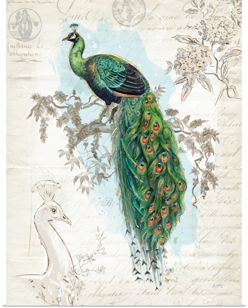 The elegant peacock shows its plumage in this stunning depiction.
