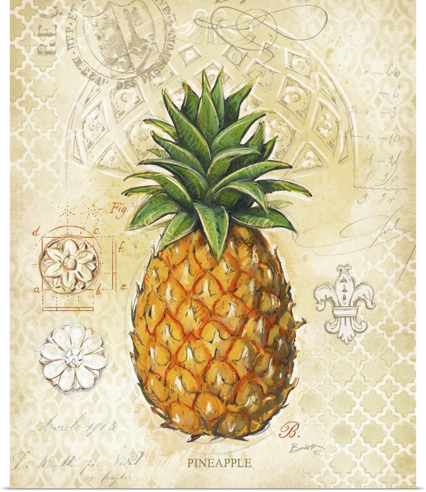 Classic treatment of the lovely pineapple, fine art look for any decor style.