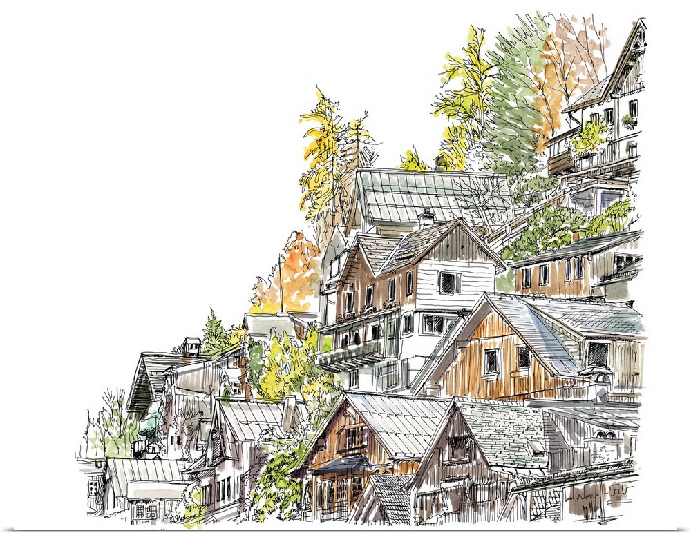 A lovely pen and ink depiction of a European cliffside village