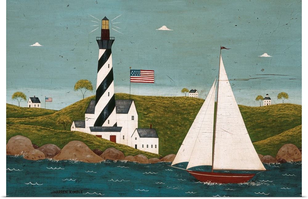 Folk art of a striped lighthouse on a hilly shore with an American flag, watching over a large white sailboat, three small...