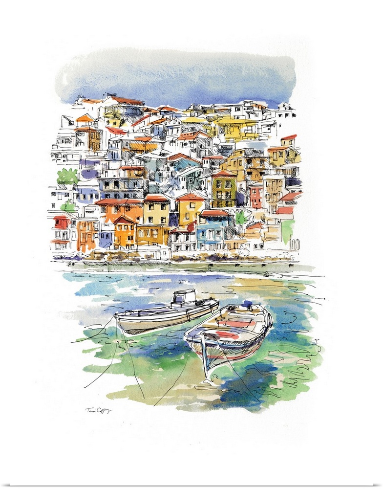 A lovely pen and ink rendering of a European coastal village