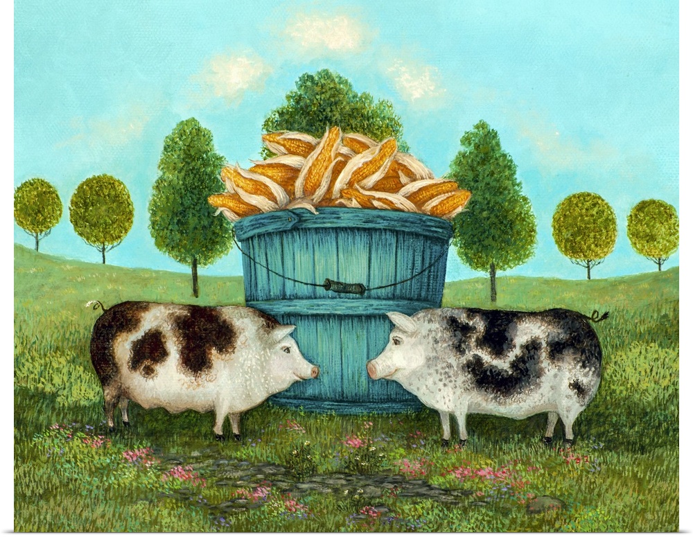 A contemporary folk art painting of two spotted hogs standing by a blue wooden bucket filled with corn.