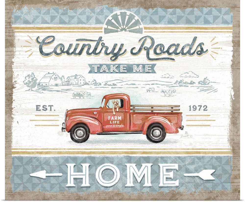 Vintage farmhouse signage of a rustic red truck evokes a classic country style