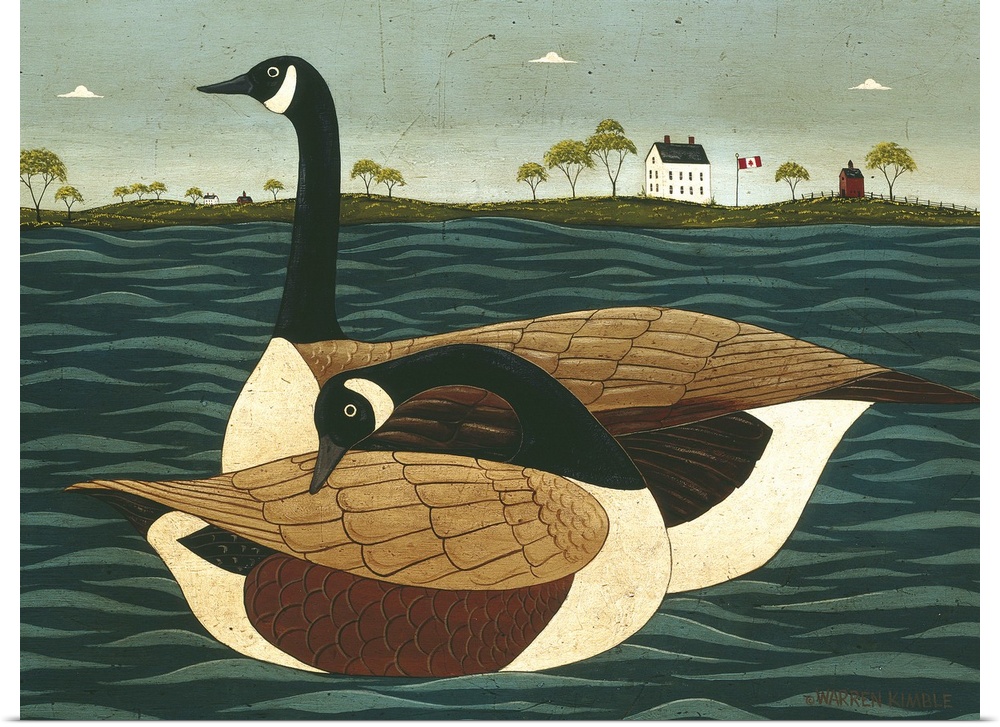 Painting on canvas of two geese floating in the water with land in the background.