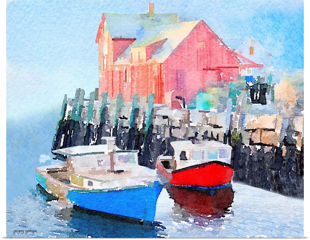 Watercolor painting of a red house and fishing boats on in a seaside town.