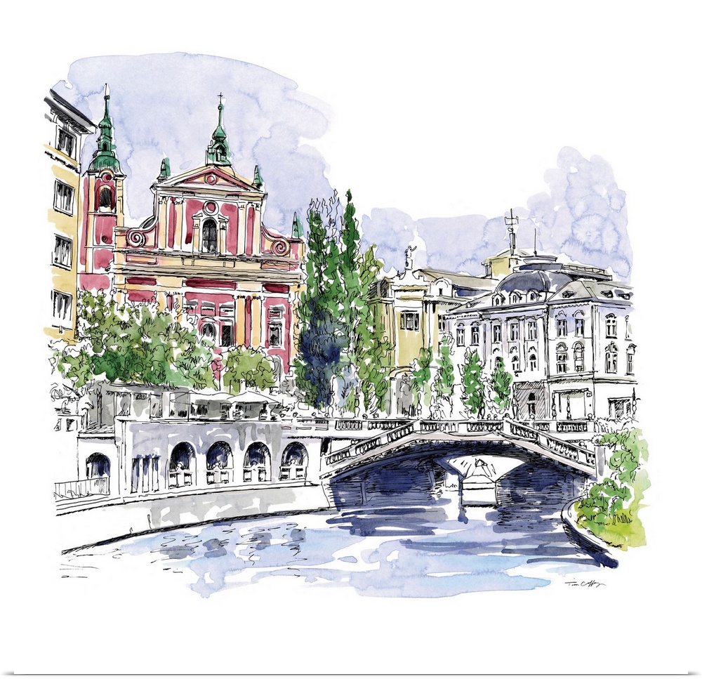 A lovely pen and ink depiction of a European bridge