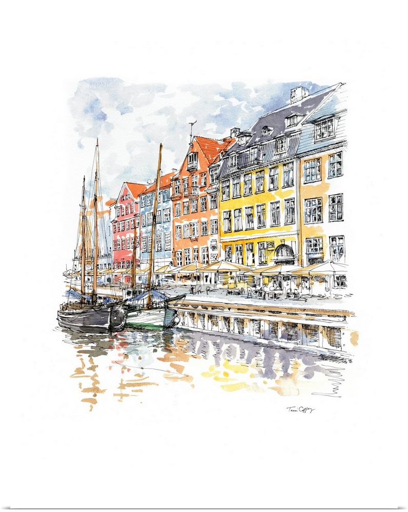 A lovely pen and ink rendering evokes the charm of European canals