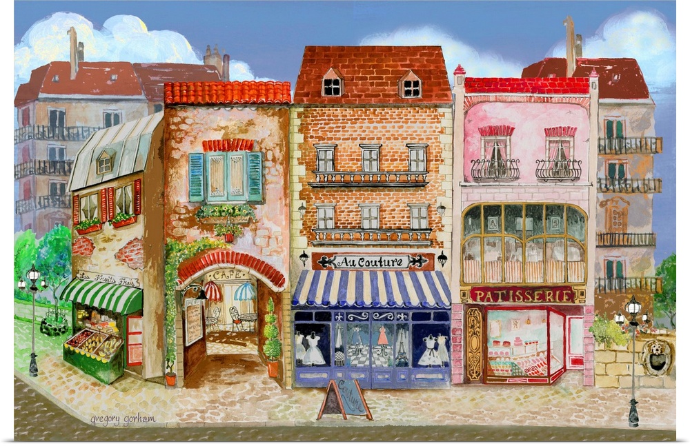 Contemporary illustration of a street in Europe with a colorful variety of storefronts.