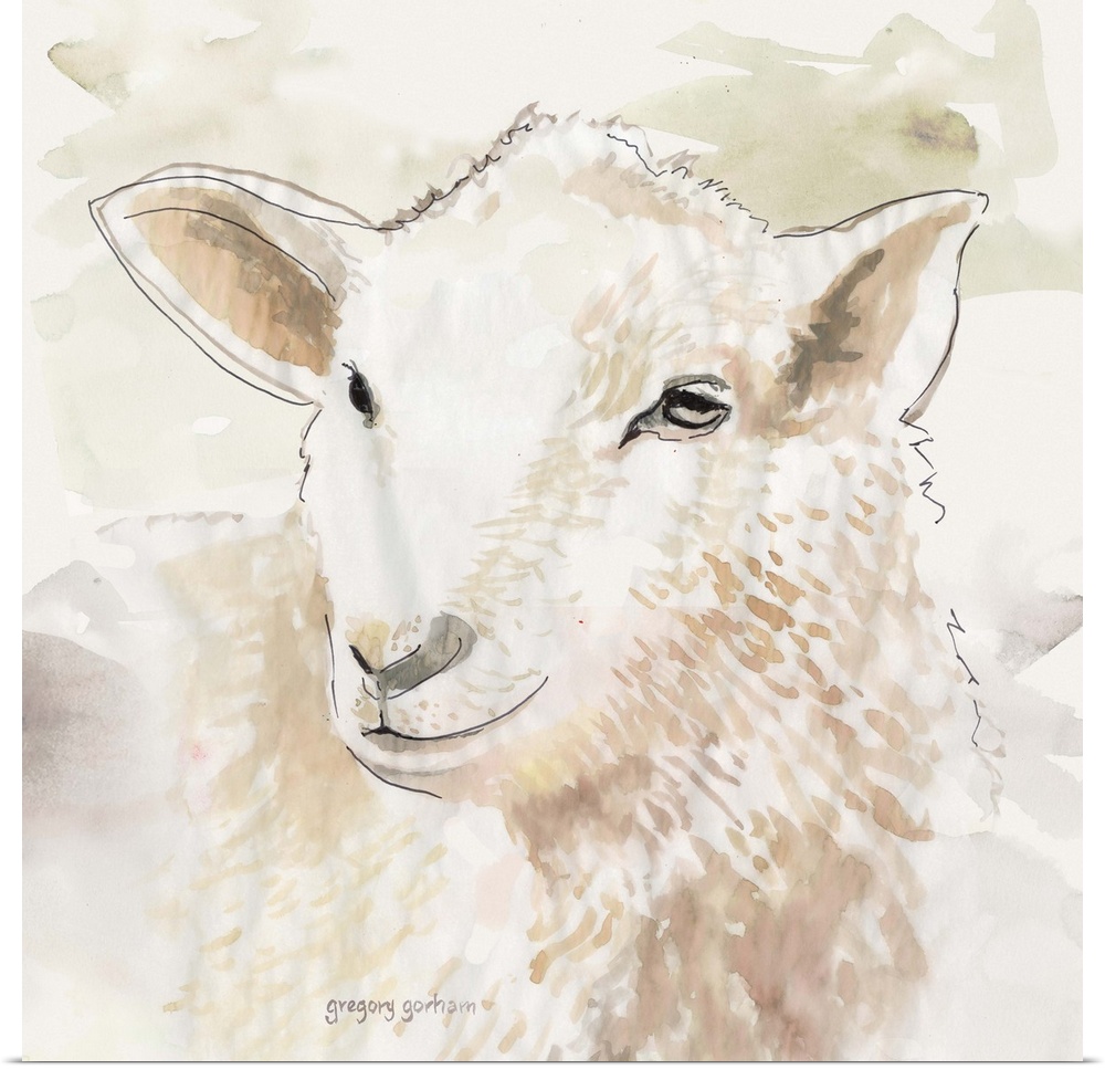 Pastel watercolor portrait of a sheep.