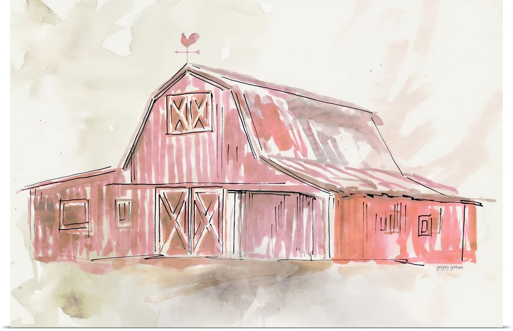 Pastel watercolor portrait of a red barn.