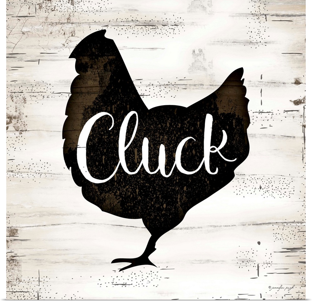 Rustic art of the silhouette of a chicken with script text over it, on a background with an old wood texture.