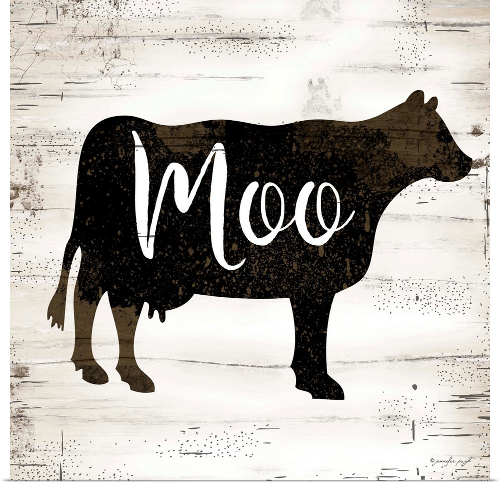 Graphic art of the silhouette of a cow with script text overlapping it, on a a horizontally striped rustic, textured backg...