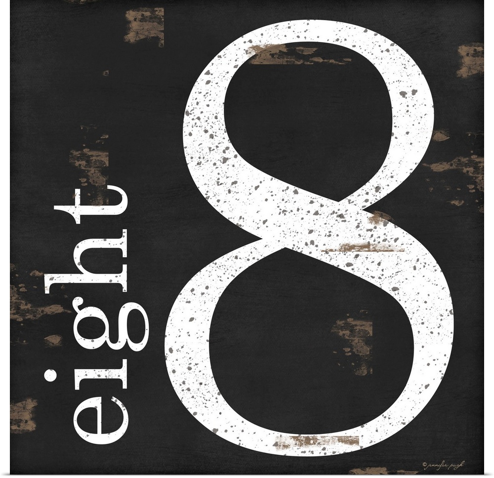 Graphic art with the number eight bold and large in the center, and the word eight written smaller, vertically next to it,...