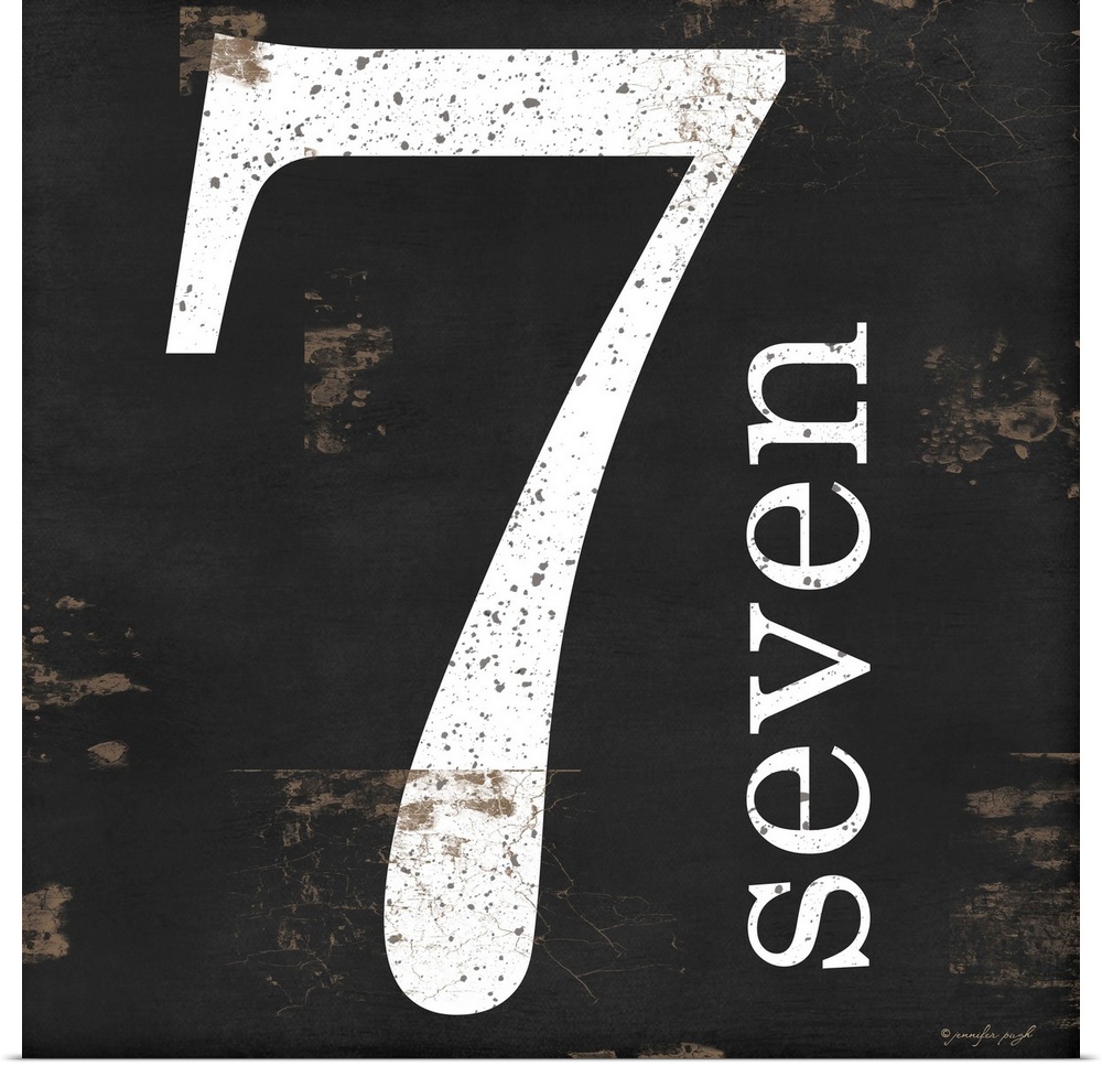 Graphic art with the number seven bold and large in the center, and the word seven written smaller, vertically next to it,...
