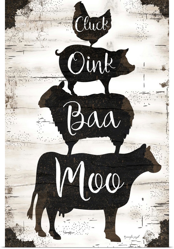 Graphic art of silhouettes of a cow, sheep, pig and chicken, stacked upon one another, with script text in each, on a a ho...
