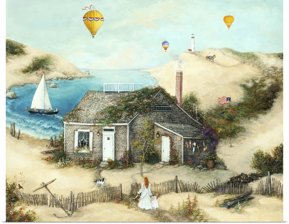 A contemporary painting of a bay side cottage scene.