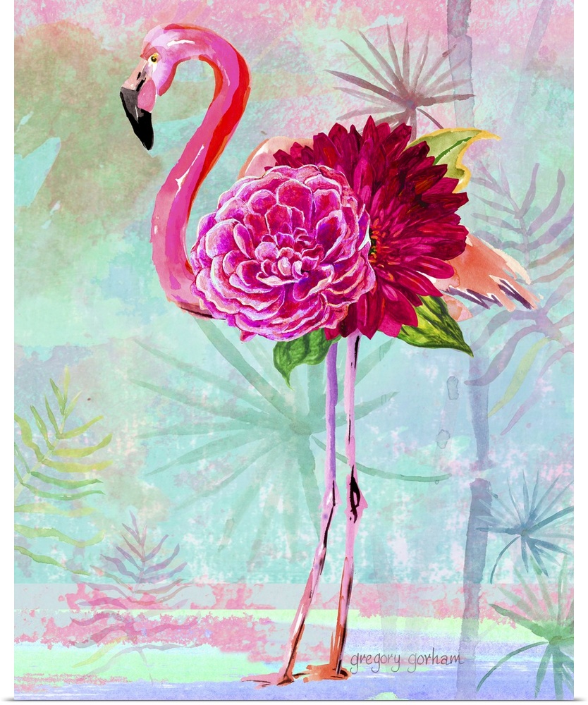 Pink flamingo made out of flowers on a tropical background.