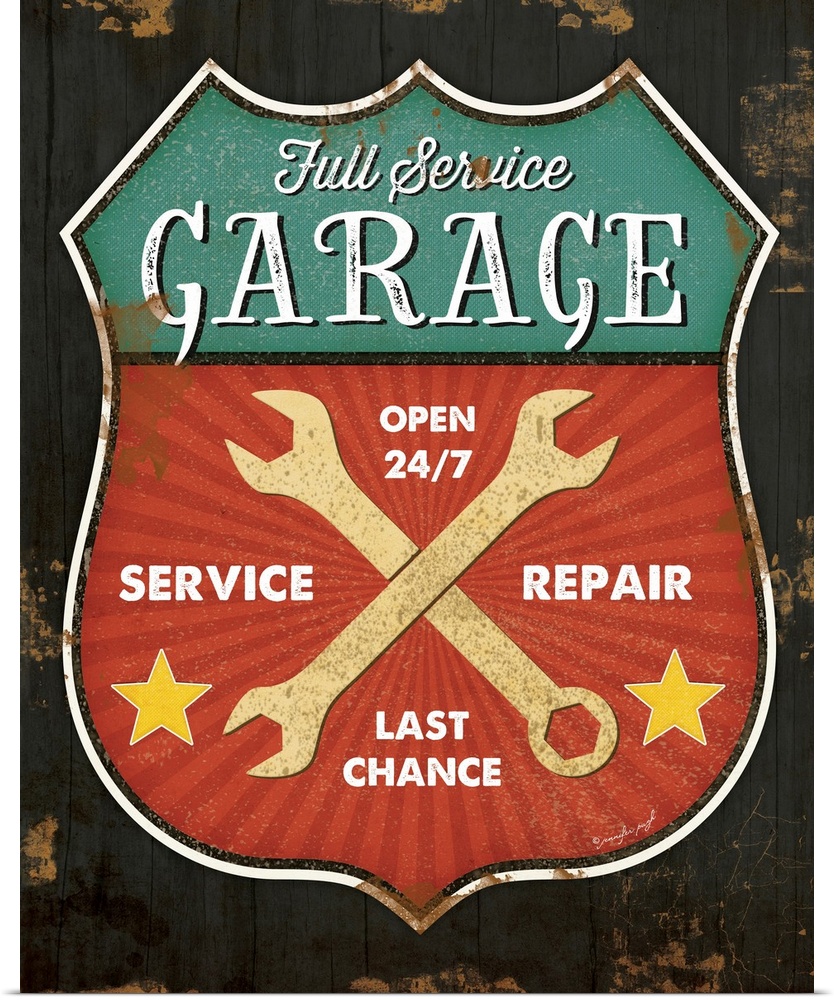A digital illustration of a full service garage sign with an antique appearance.