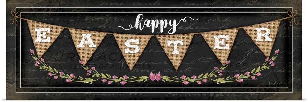 "Happy Easter" on a bunting banner with flowers.