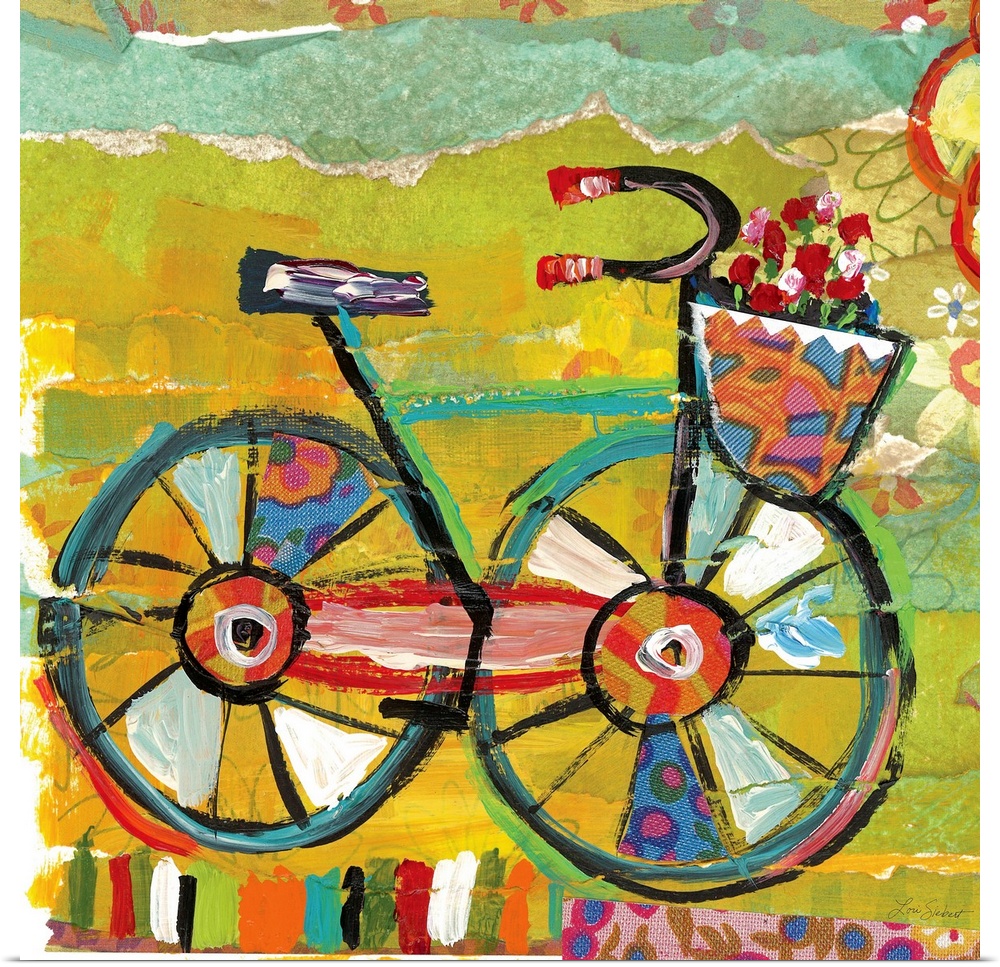 Square contemporary painting of a bike with flowers in a basket.