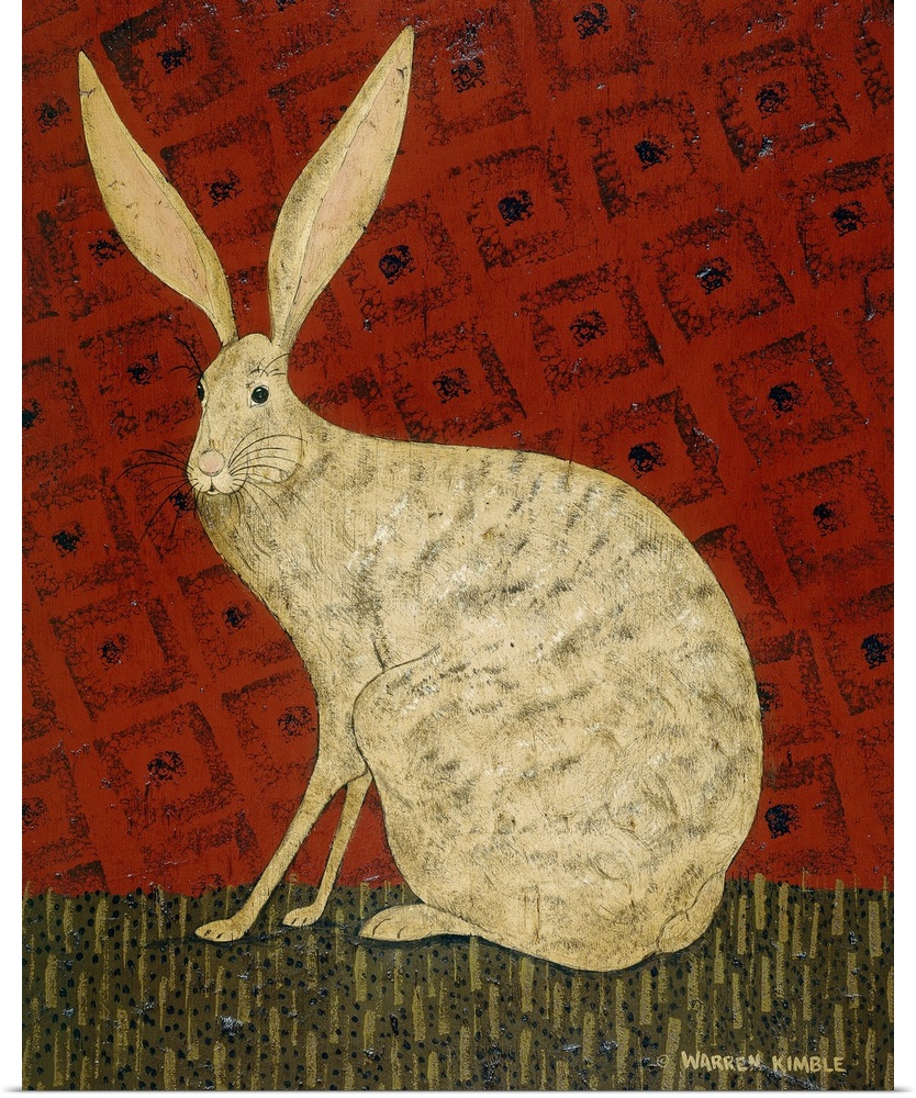 Oversized, vertical folk art painting of a hare with large pointy ears, sitting in the grass, in front of a deep red backg...