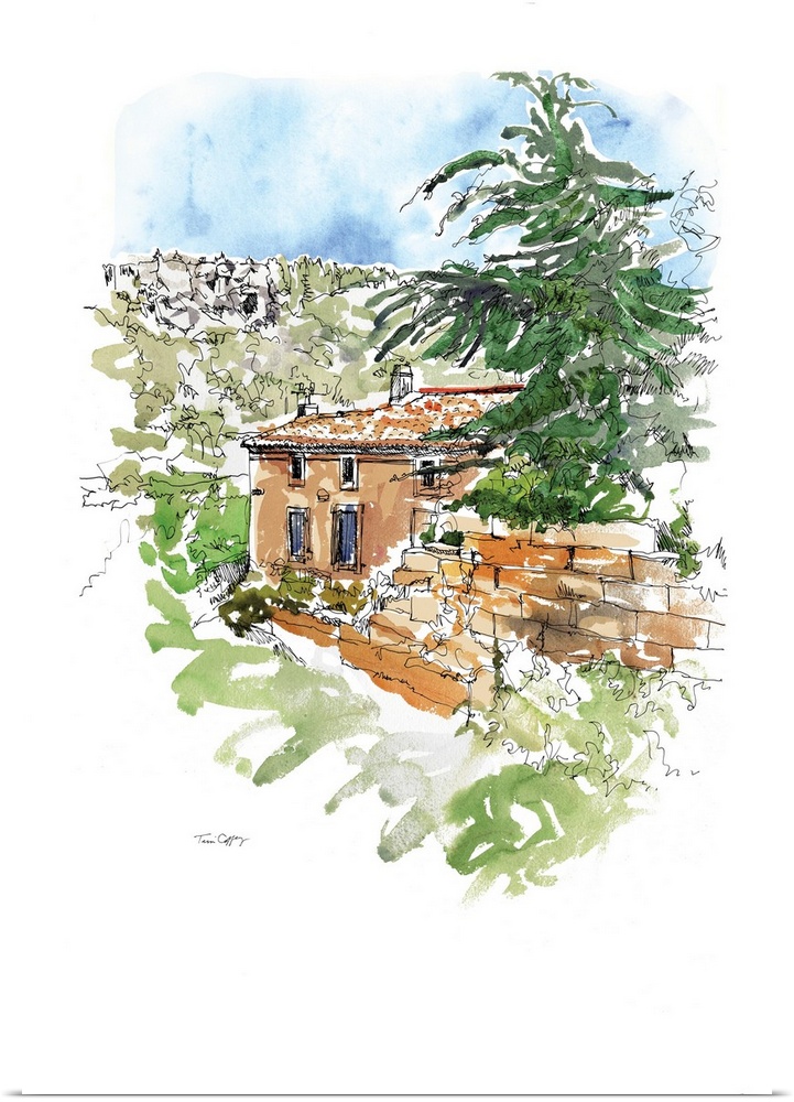 A lovely pen and ink rendering of a remote hillside home