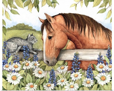 Horse and Cat in Bluebonnets