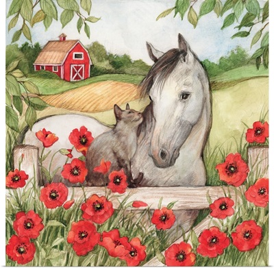 Horse and Cat in Poppies