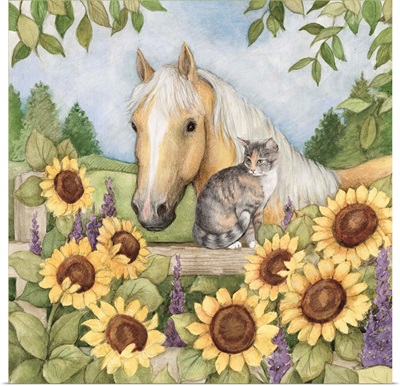 Horse and Cat in Sunflowers