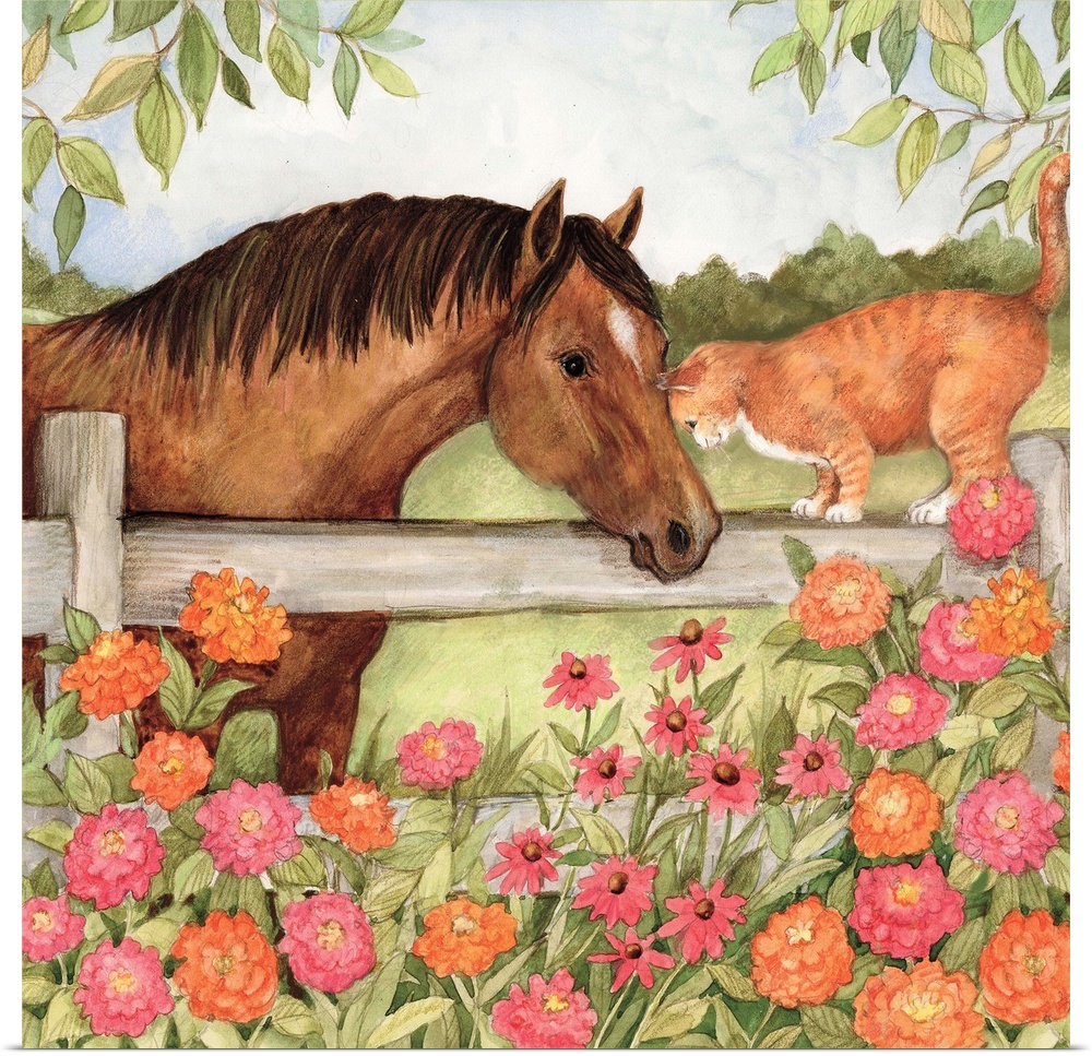 Charming vignette of Horse with Cat, country friends.