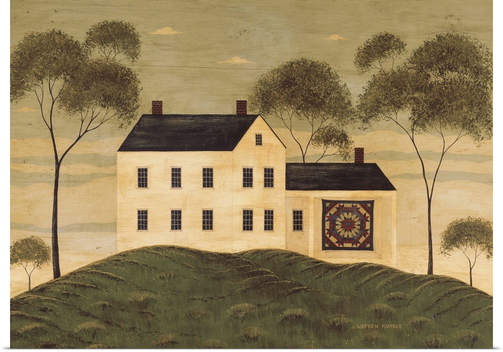 Large, landscape folk art in vintage tones of a large house on a hill, with a handmade quilt hanging on the side of it.  T...
