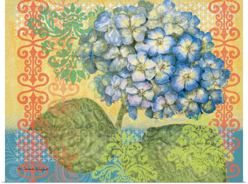 Bright and bold depiction of hydrangeas make this flower a star!