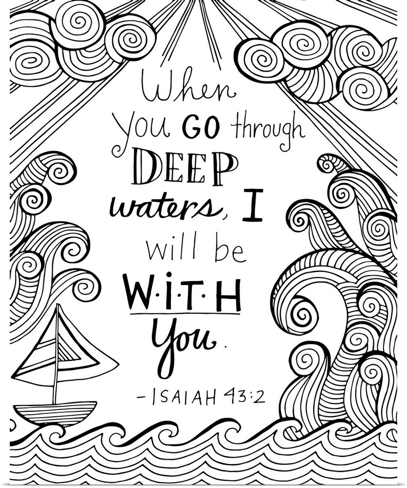 Bible verse, Isaiah 43:2, with a boat on the ocean and tall waves.
