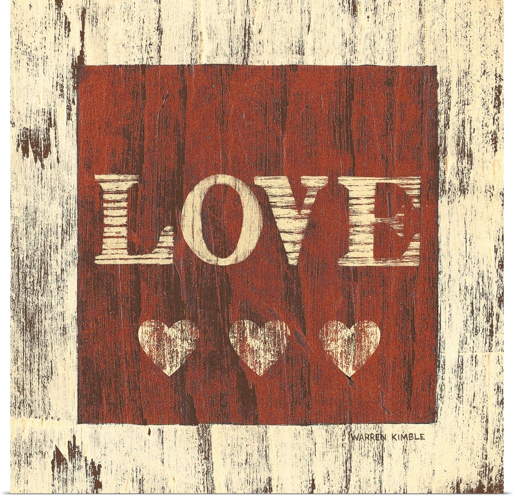 Inspirational artwork of the word ""LOVE"" with three hearts underneath in a red square painted over a wood panel texture.