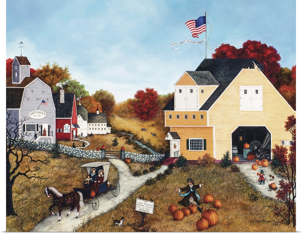 A contemporary painting of a countryside village scene in autumn.