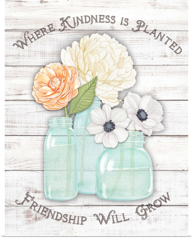 Mason jar with flowers on wood planking are anchored with a touching sentiment