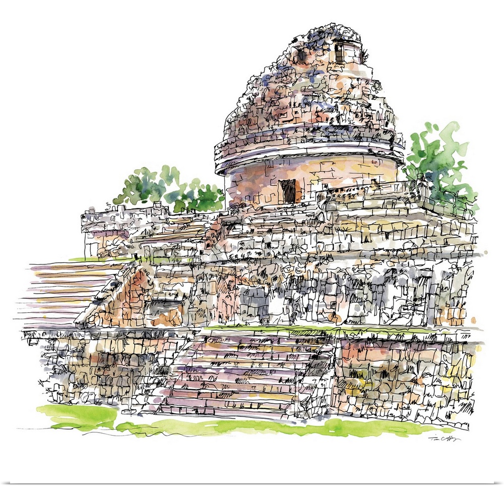 A lovely pen and ink depiction of ancient Mayan ruins