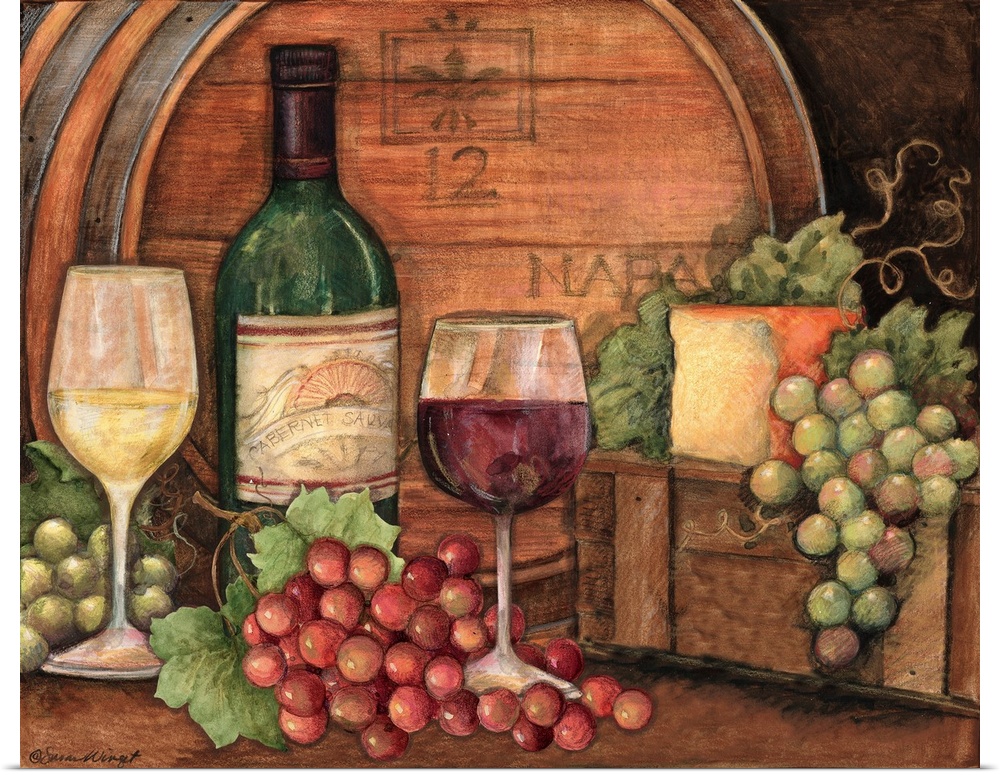 Artwork perfect for the kitchen of wine and grapes beautifully placed in front of a wine barrel.
