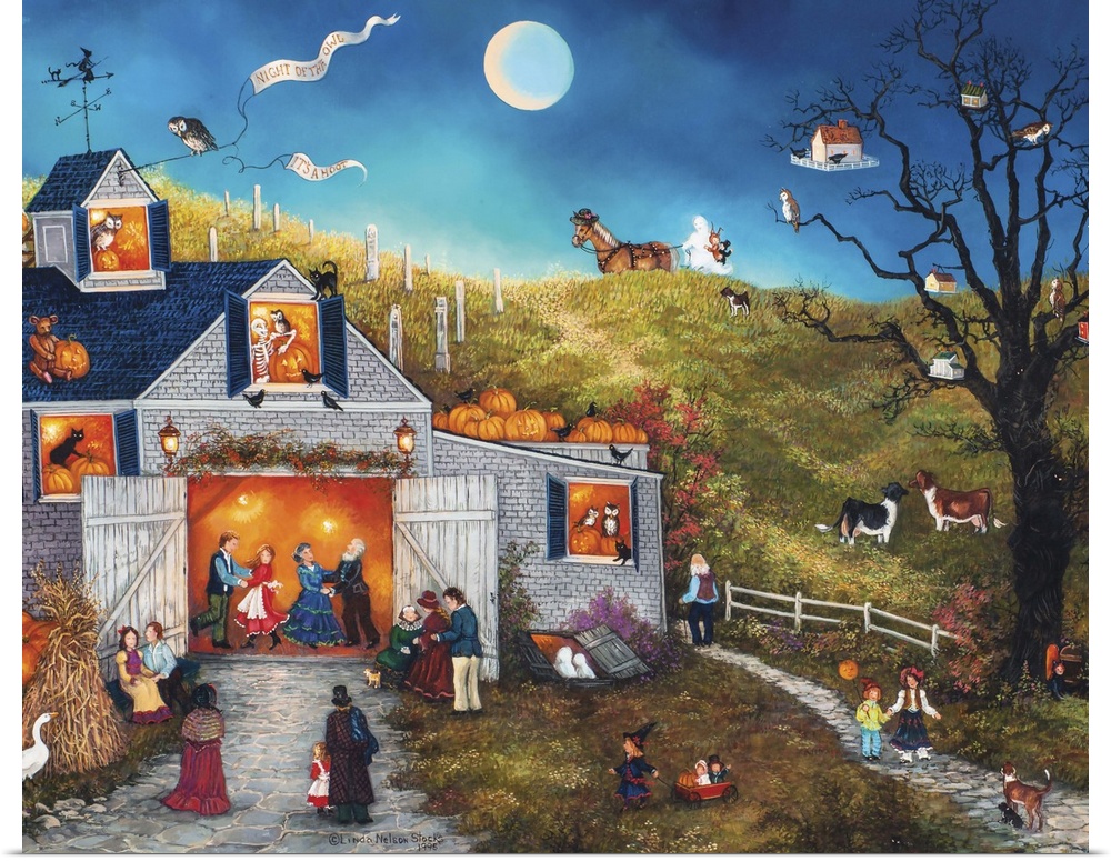 A contemporary painting of a countryside village scene at Halloween.