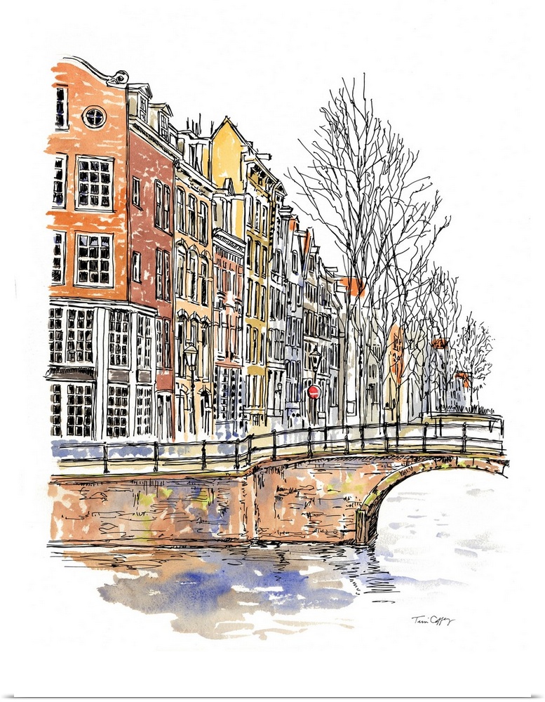 A lovely pen and ink depiction of a northern European canals.