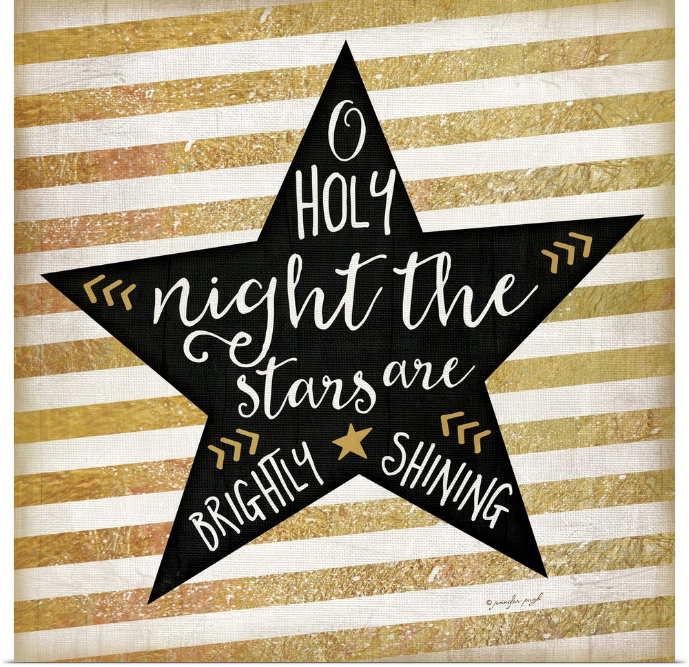 Contemporary artwork of a black star with white handlettering against a background of gold and white stripes.