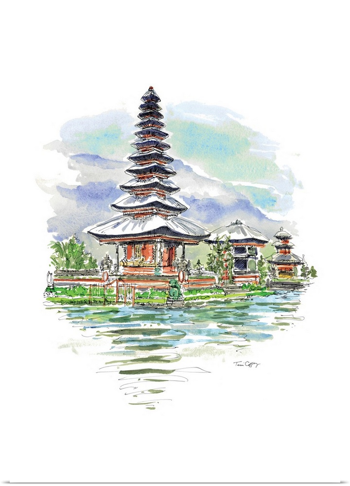 A lovely pen and ink rendering of a pagoda captures the mystery of the Orient